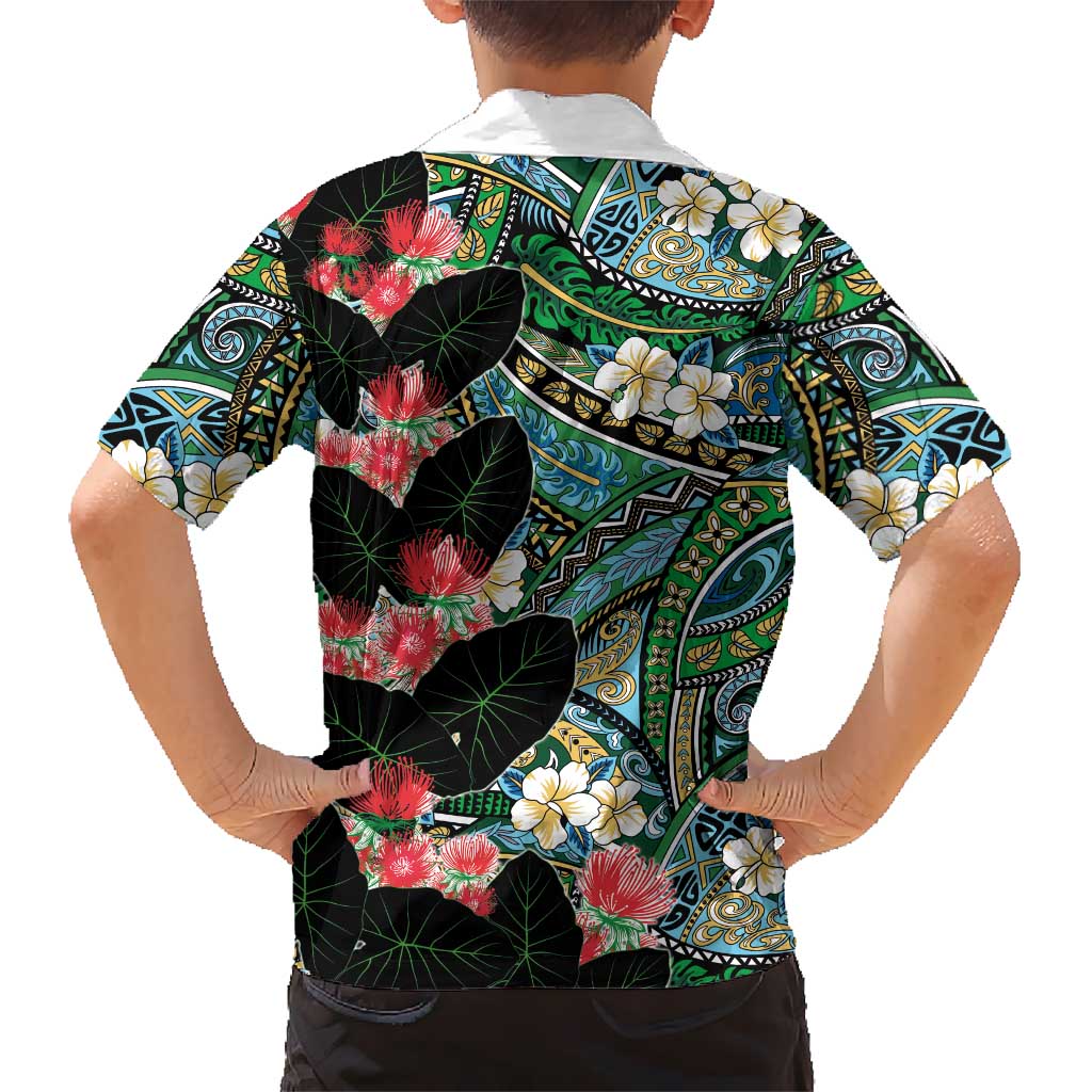 Hawaiian Taro Leaves and Ohia Lehua Family Matching Off Shoulder Short Dress and Hawaiian Shirt Polynesian Tribal Art Tropical Plants Motifs Colorful LT03 - Polynesian Pride