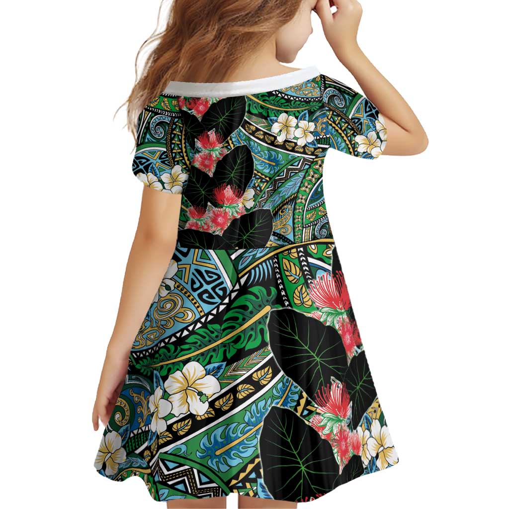 Hawaiian Taro Leaves and Ohia Lehua Family Matching Off Shoulder Short Dress and Hawaiian Shirt Polynesian Tribal Art Tropical Plants Motifs Colorful LT03 - Polynesian Pride