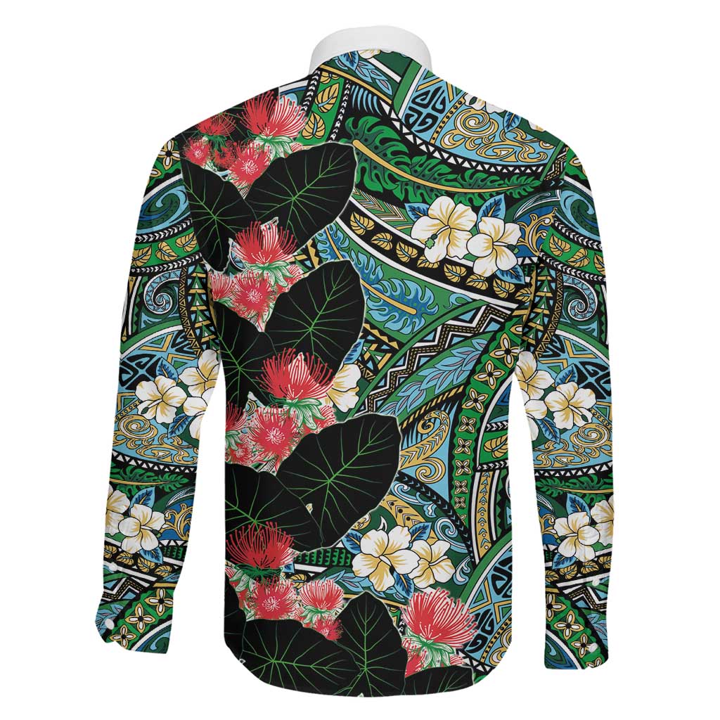Hawaiian Taro Leaves and Ohia Lehua Family Matching Off Shoulder Short Dress and Hawaiian Shirt Polynesian Tribal Art Tropical Plants Motifs Colorful LT03 - Polynesian Pride