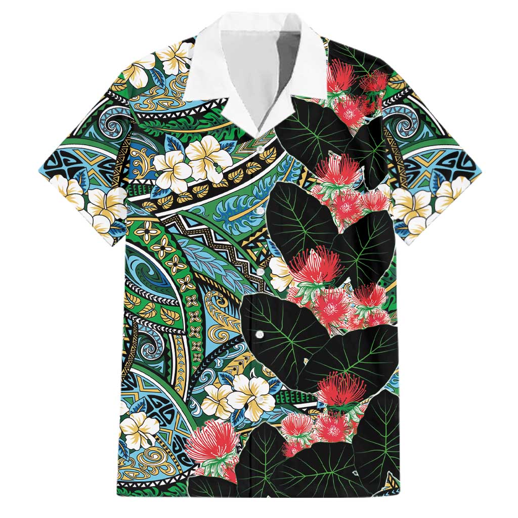 Hawaiian Taro Leaves and Ohia Lehua Family Matching Puletasi and Hawaiian Shirt Polynesian Tribal Art Tropical Plants Motifs Colorful LT03 Dad's Shirt - Short Sleeve Multicolor - Polynesian Pride