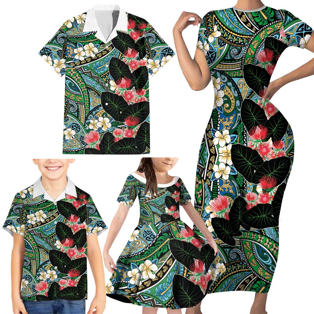 Hawaiian Taro Leaves and Ohia Lehua Family Matching Short Sleeve Bodycon Dress and Hawaiian Shirt Polynesian Tribal Art Tropical Plants Motifs Colorful