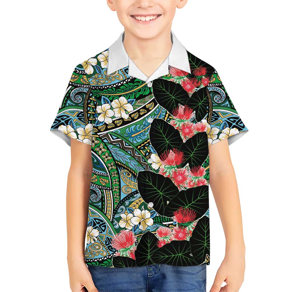 Hawaiian Taro Leaves and Ohia Lehua Kid Hawaiian Shirt Polynesian Tribal Art Tropical Plants Motifs Colorful
