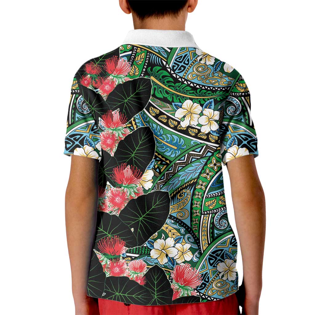 Hawaiian Taro Leaves and Ohia Lehua Kid Polo Shirt Polynesian Tribal Art Tropical Plants Motifs Colorful