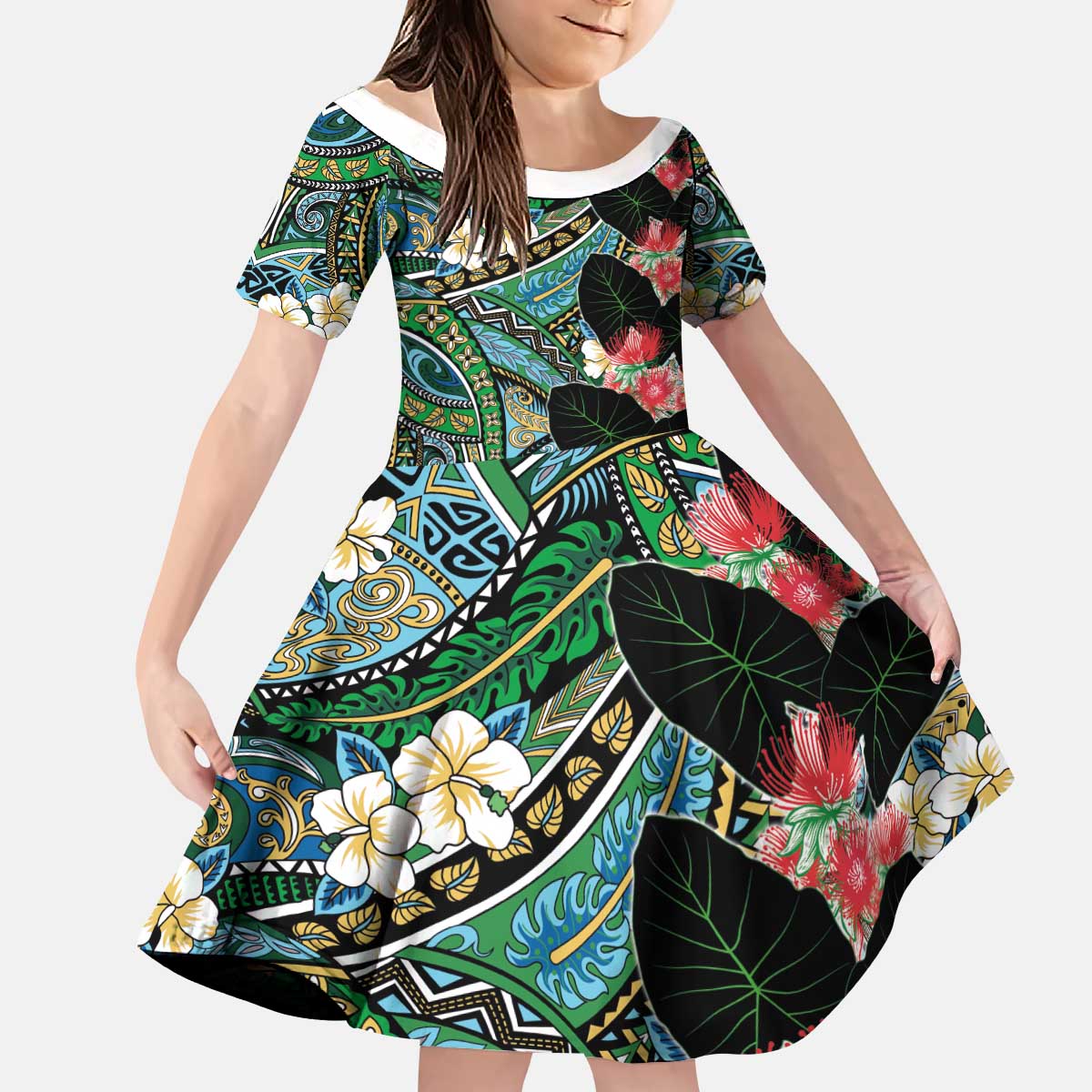 Hawaiian Taro Leaves and Ohia Lehua Kid Short Sleeve Dress Polynesian Tribal Art Tropical Plants Motifs Colorful
