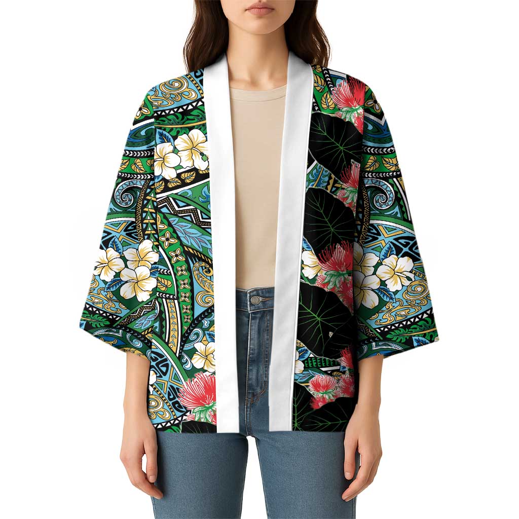 Hawaiian Taro Leaves and Ohia Lehua Kimono Polynesian Tribal Art Tropical Plants Motifs Colorful