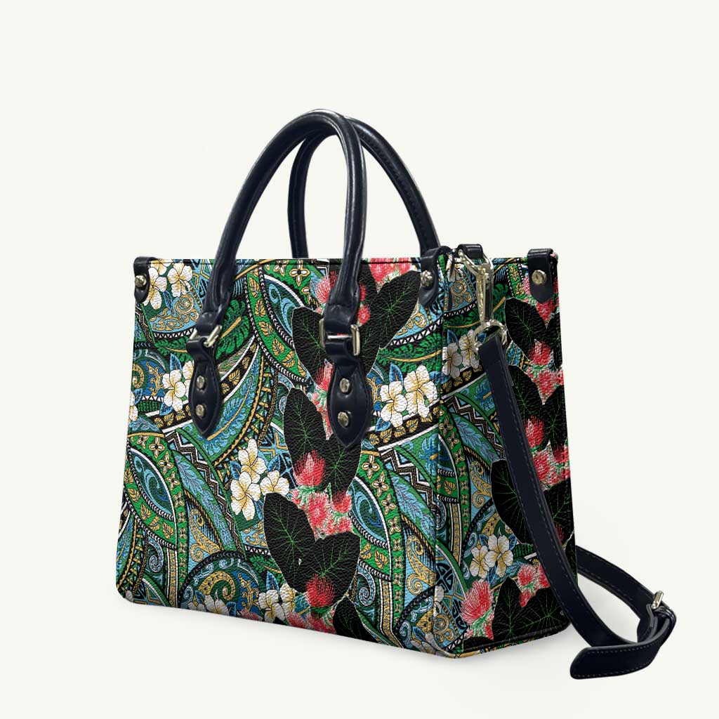 Hawaiian Taro Leaves and Ohia Lehua Leather Bag Polynesian Tribal Art Tropical Plants Motifs Colorful