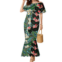 Hawaiian Taro Leaves and Ohia Lehua Mermaid Dress Polynesian Tribal Art Tropical Plants Motifs Colorful
