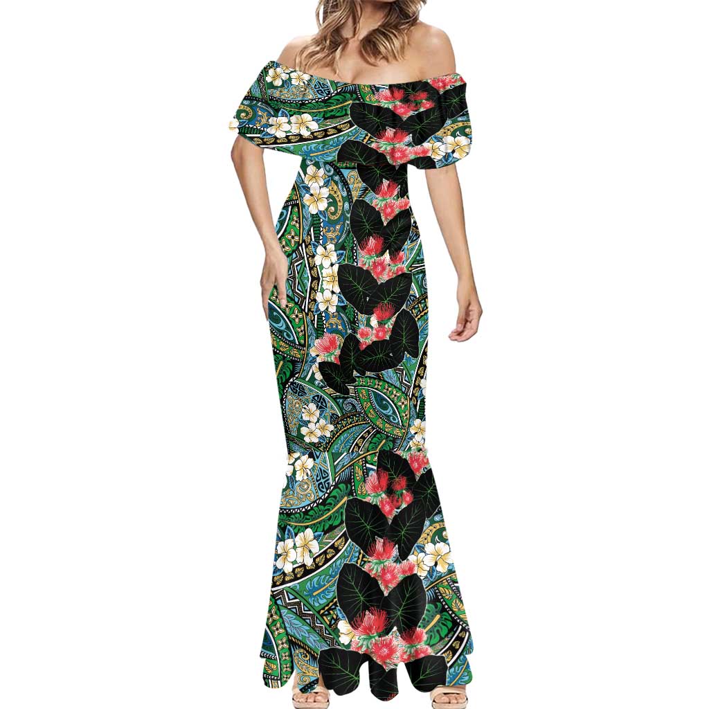 Hawaiian Taro Leaves and Ohia Lehua Mermaid Dress Polynesian Tribal Art Tropical Plants Motifs Colorful