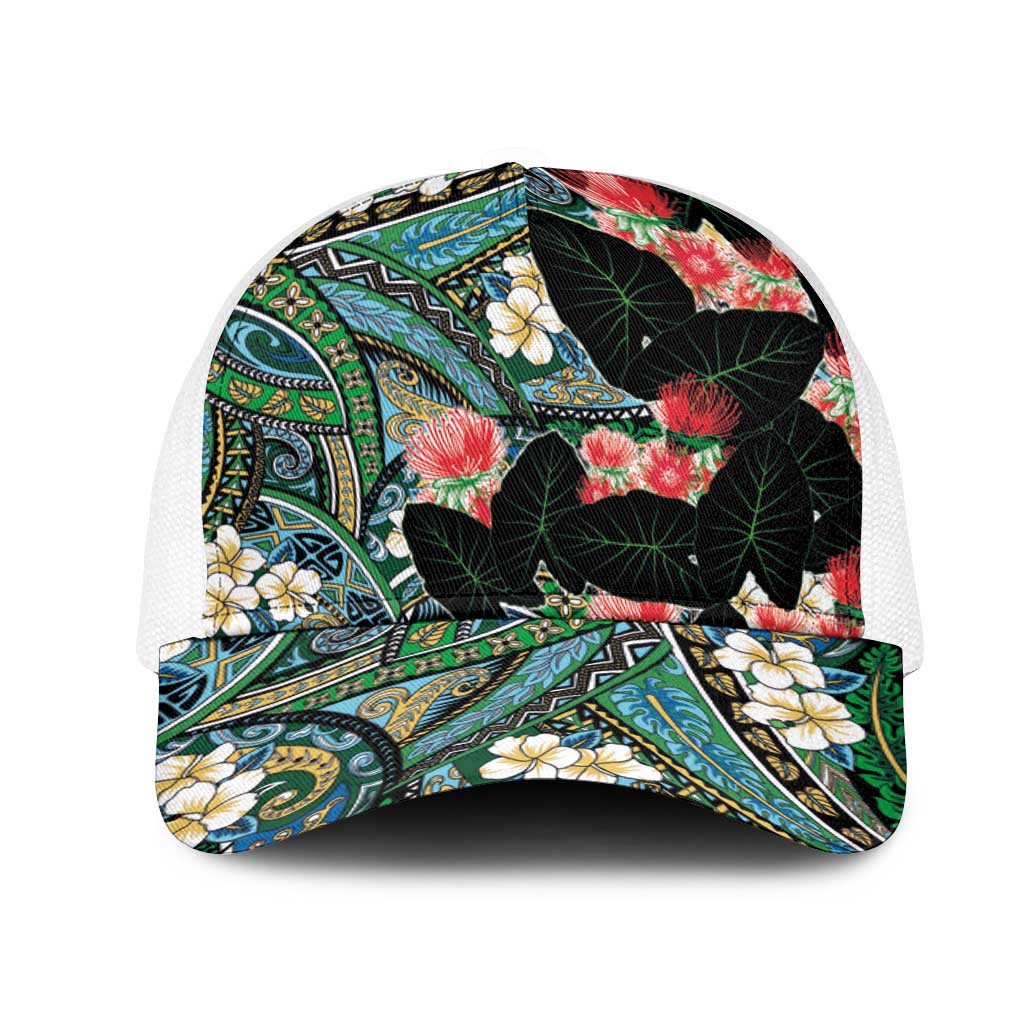 Hawaiian Taro Leaves and Ohia Lehua Mesh Trucker Cap Polynesian Tribal Art Tropical Plants Motifs Colorful