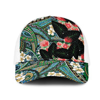 Hawaiian Taro Leaves and Ohia Lehua Mesh Trucker Cap Polynesian Tribal Art Tropical Plants Motifs Colorful