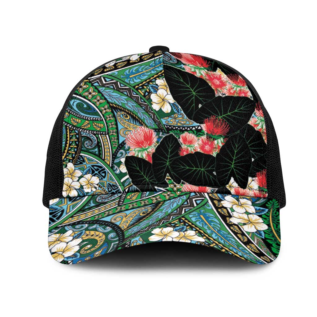 Hawaiian Taro Leaves and Ohia Lehua Mesh Trucker Cap Polynesian Tribal Art Tropical Plants Motifs Colorful