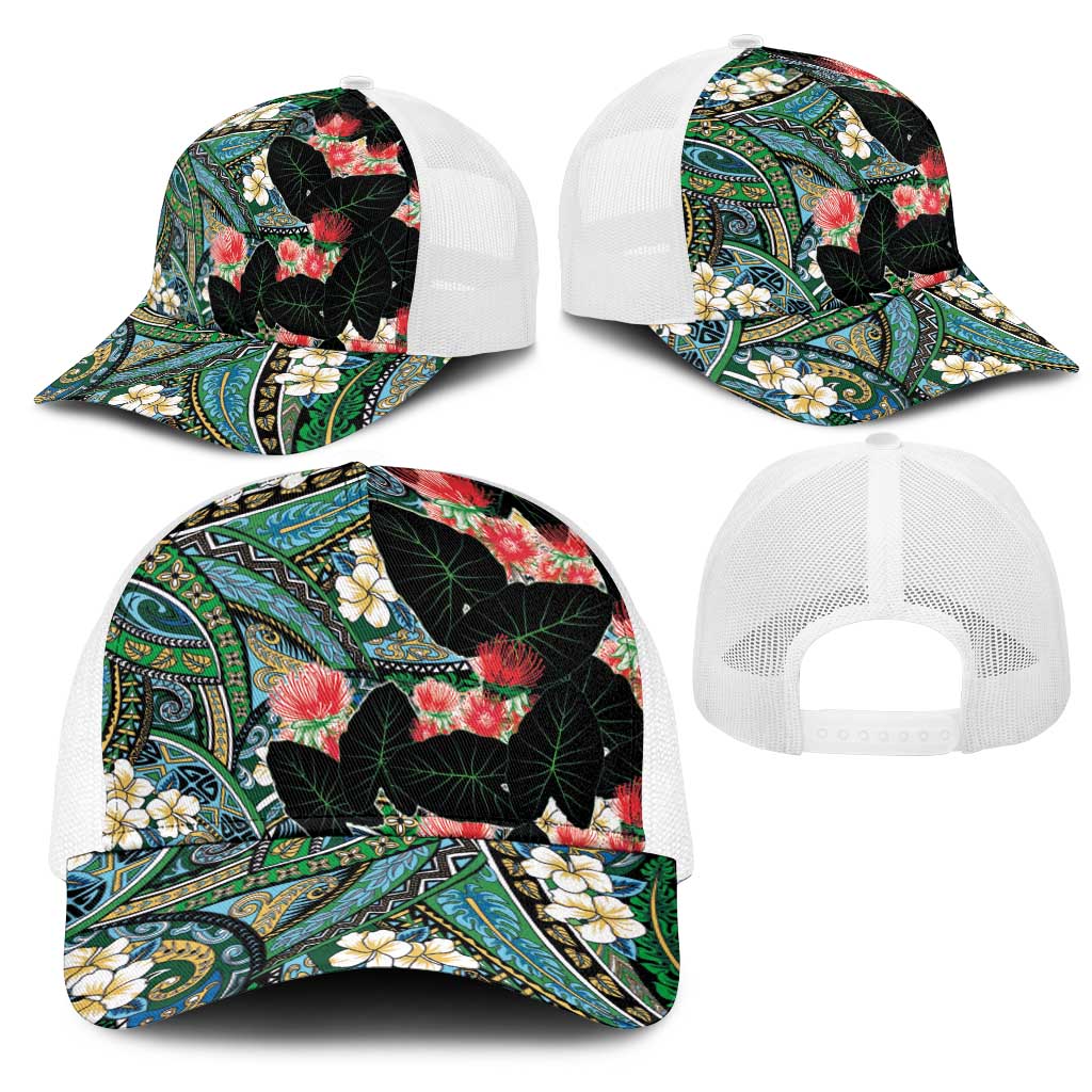 Hawaiian Taro Leaves and Ohia Lehua Mesh Trucker Cap Polynesian Tribal Art Tropical Plants Motifs Colorful