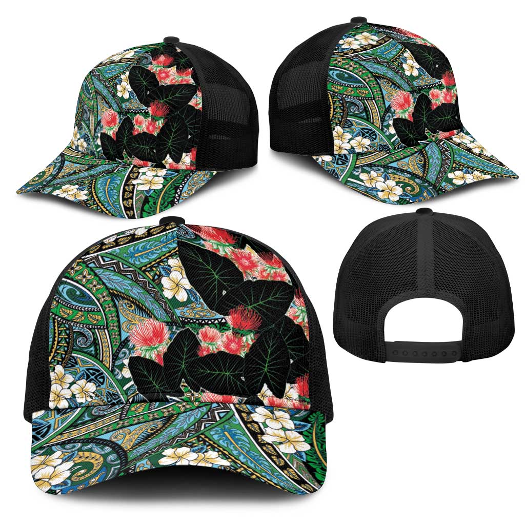 Hawaiian Taro Leaves and Ohia Lehua Mesh Trucker Cap Polynesian Tribal Art Tropical Plants Motifs Colorful