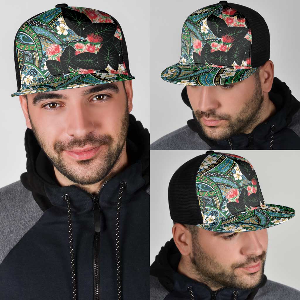 Hawaiian Taro Leaves and Ohia Lehua Mesh Trucker Cap Polynesian Tribal Art Tropical Plants Motifs Colorful