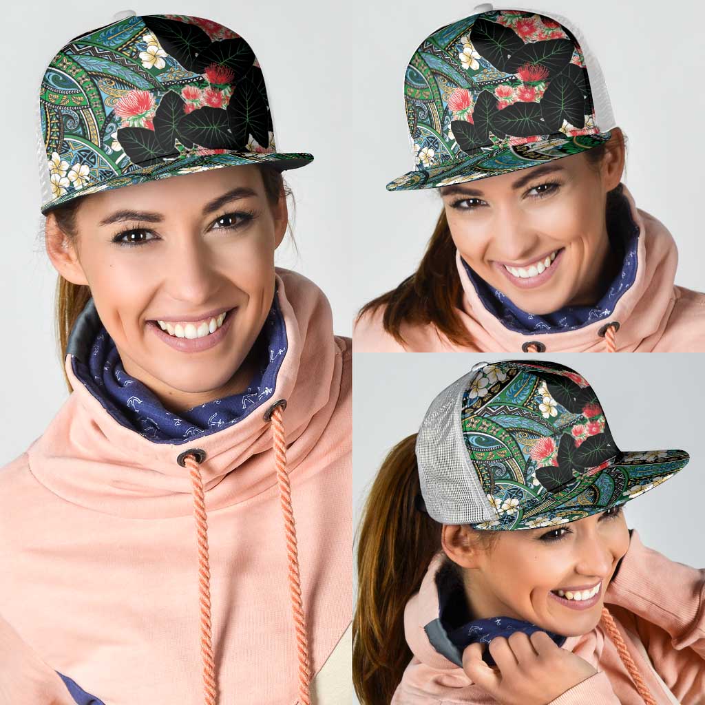 Hawaiian Taro Leaves and Ohia Lehua Mesh Trucker Cap Polynesian Tribal Art Tropical Plants Motifs Colorful