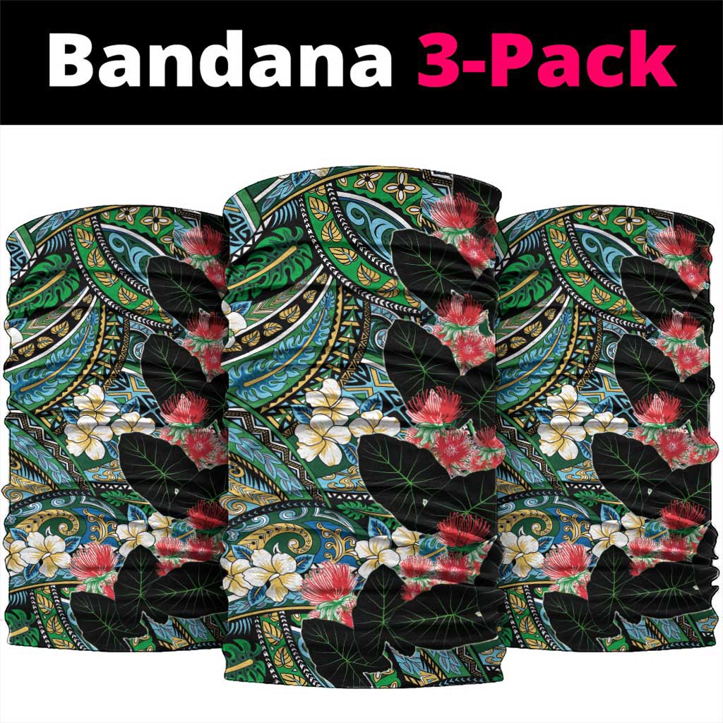 Hawaiian Taro Leaves and Ohia Lehua Neck Gaiter Polynesian Tribal Art Tropical Plants Motifs Colorful