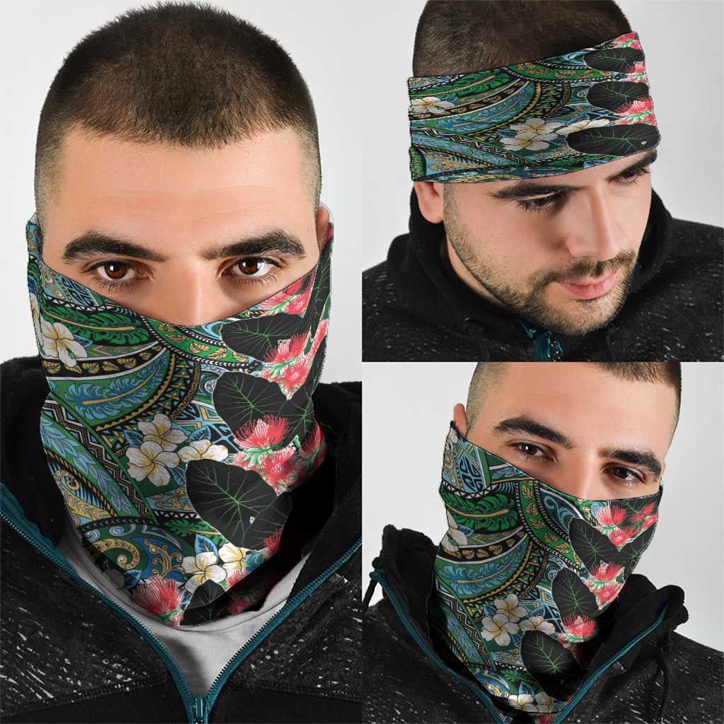 Hawaiian Taro Leaves and Ohia Lehua Neck Gaiter Polynesian Tribal Art Tropical Plants Motifs Colorful