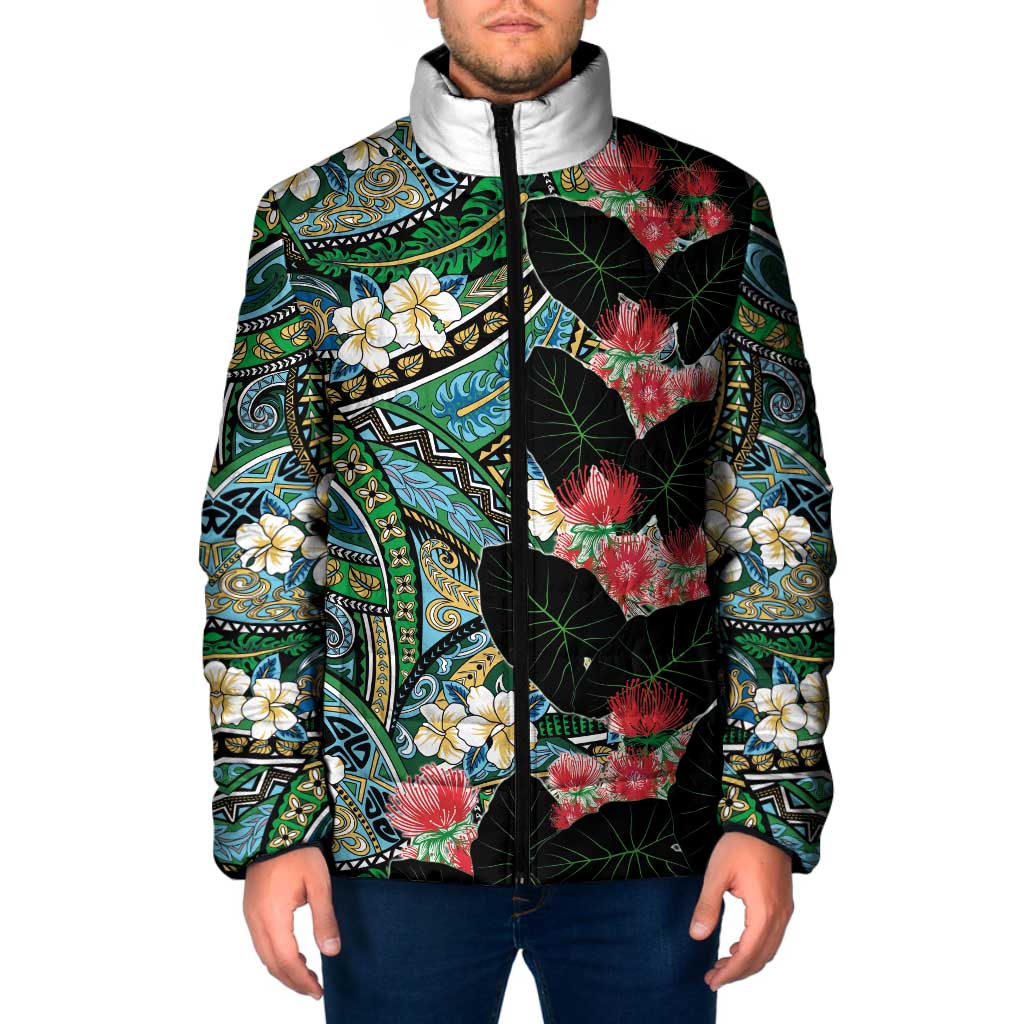 Hawaiian Taro Leaves and Ohia Lehua Padded Jacket Polynesian Tribal Art Tropical Plants Motifs Colorful