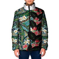 Hawaiian Taro Leaves and Ohia Lehua Padded Jacket Polynesian Tribal Art Tropical Plants Motifs Colorful