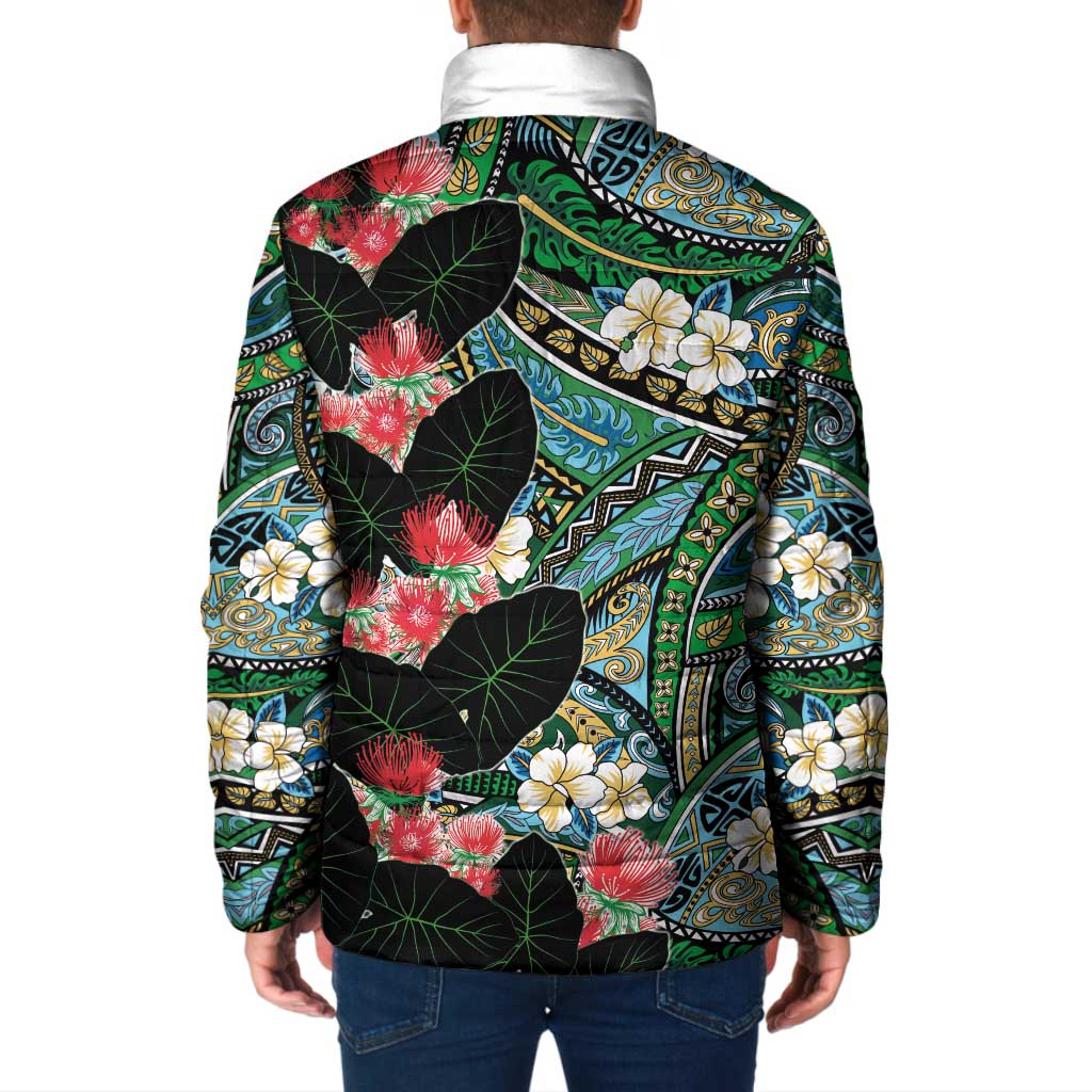 Hawaiian Taro Leaves and Ohia Lehua Padded Jacket Polynesian Tribal Art Tropical Plants Motifs Colorful