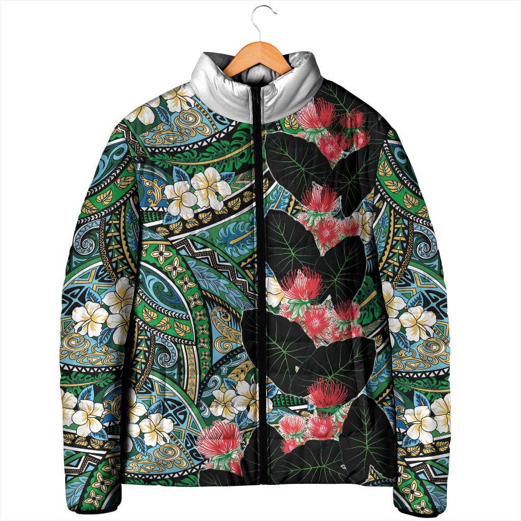 Hawaiian Taro Leaves and Ohia Lehua Padded Jacket Polynesian Tribal Art Tropical Plants Motifs Colorful