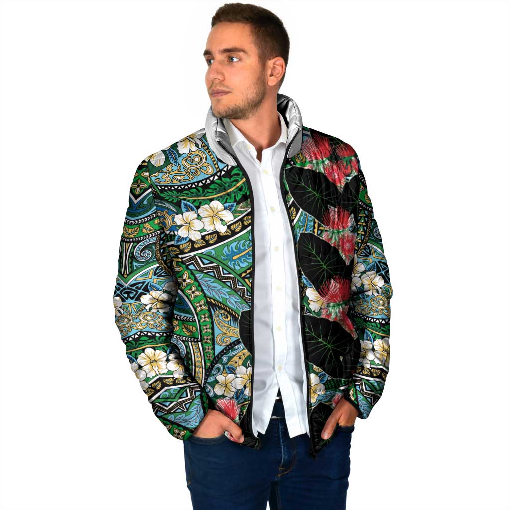 Hawaiian Taro Leaves and Ohia Lehua Padded Jacket Polynesian Tribal Art Tropical Plants Motifs Colorful