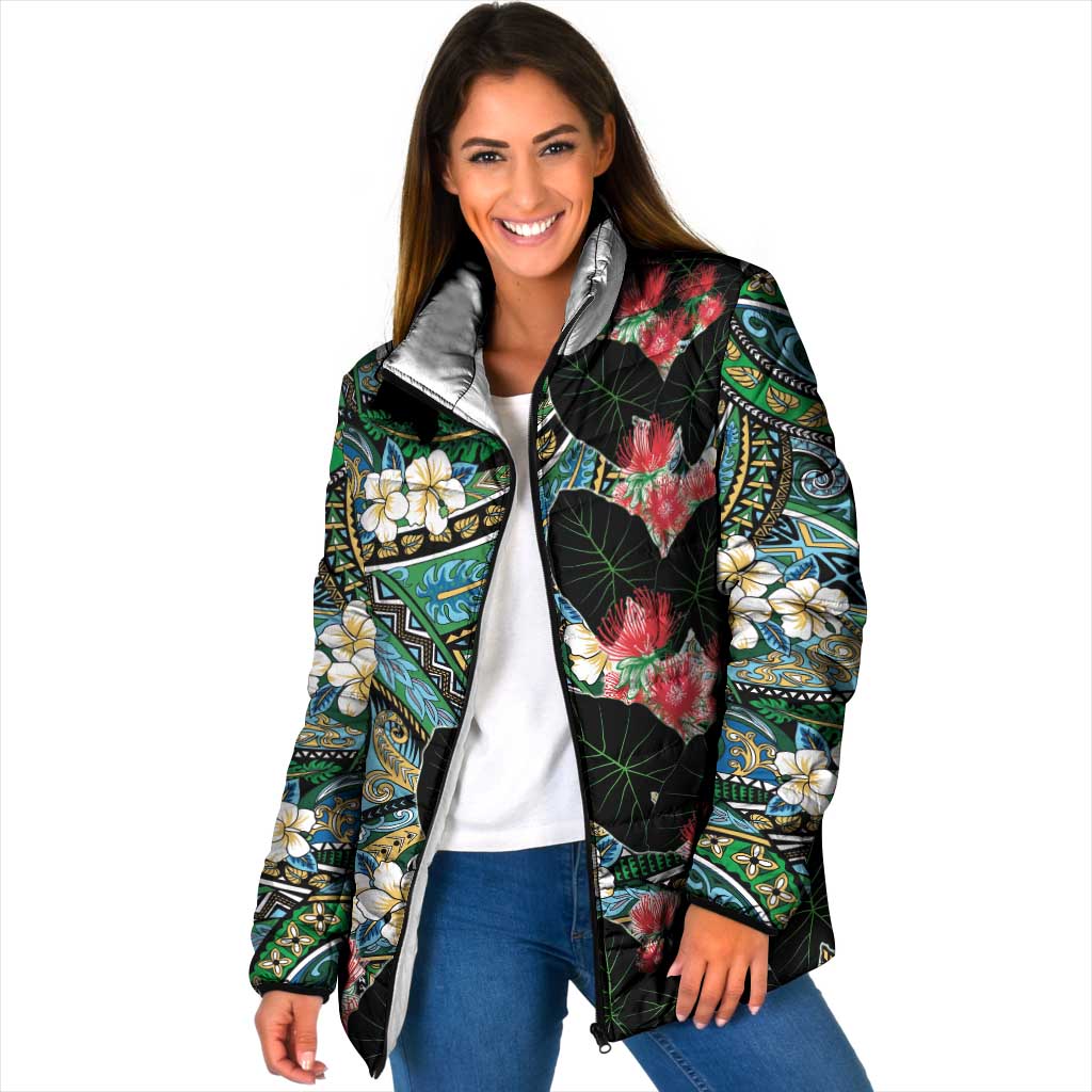 Hawaiian Taro Leaves and Ohia Lehua Padded Jacket Polynesian Tribal Art Tropical Plants Motifs Colorful