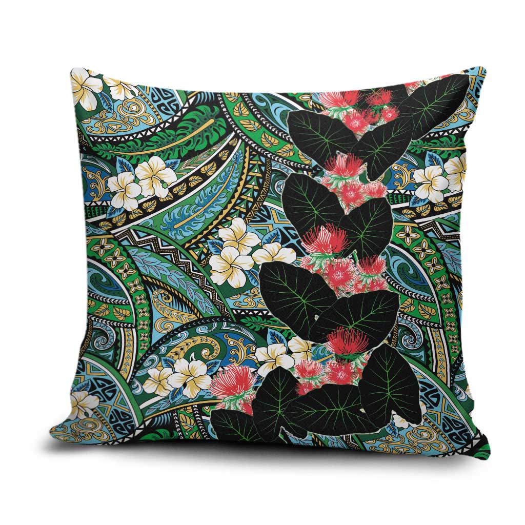 Hawaiian Taro Leaves and Ohia Lehua Pillow Cover Polynesian Tribal Art Tropical Plants Motifs Colorful