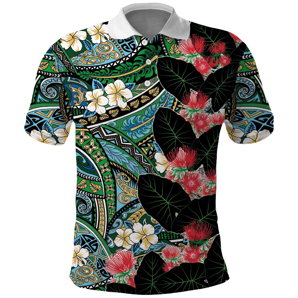 Hawaiian Taro Leaves and Ohia Lehua Polo Shirt Polynesian Tribal Art Tropical Plants Motifs Colorful