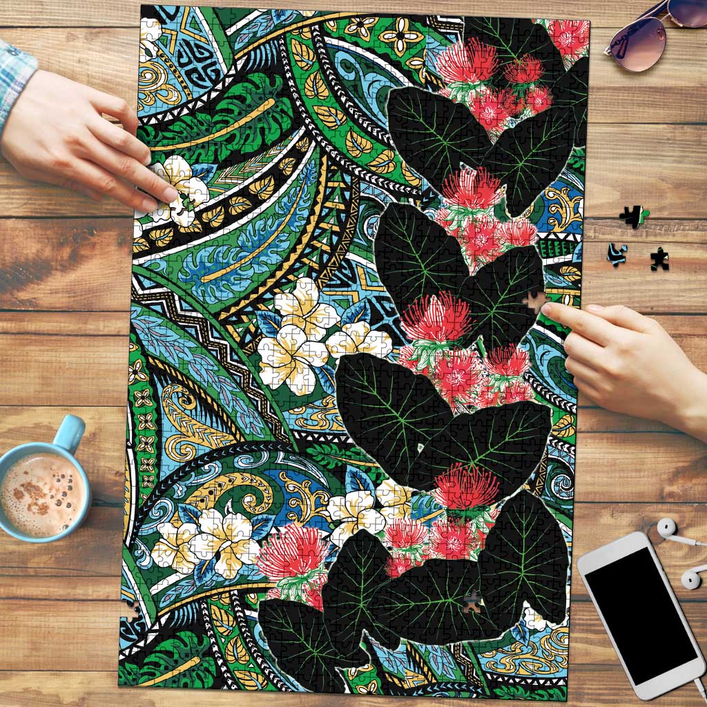 Hawaiian Taro Leaves and Ohia Lehua Puzzle Polynesian Tribal Art Tropical Plants Motifs Colorful