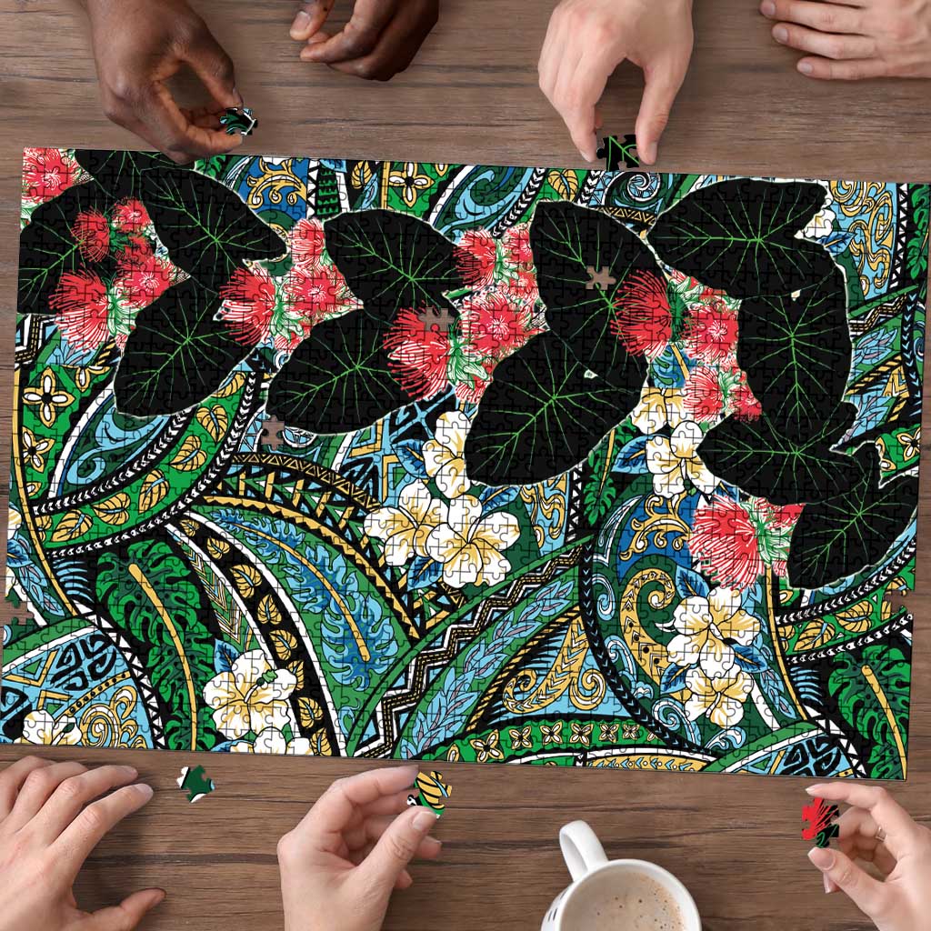 Hawaiian Taro Leaves and Ohia Lehua Puzzle Polynesian Tribal Art Tropical Plants Motifs Colorful