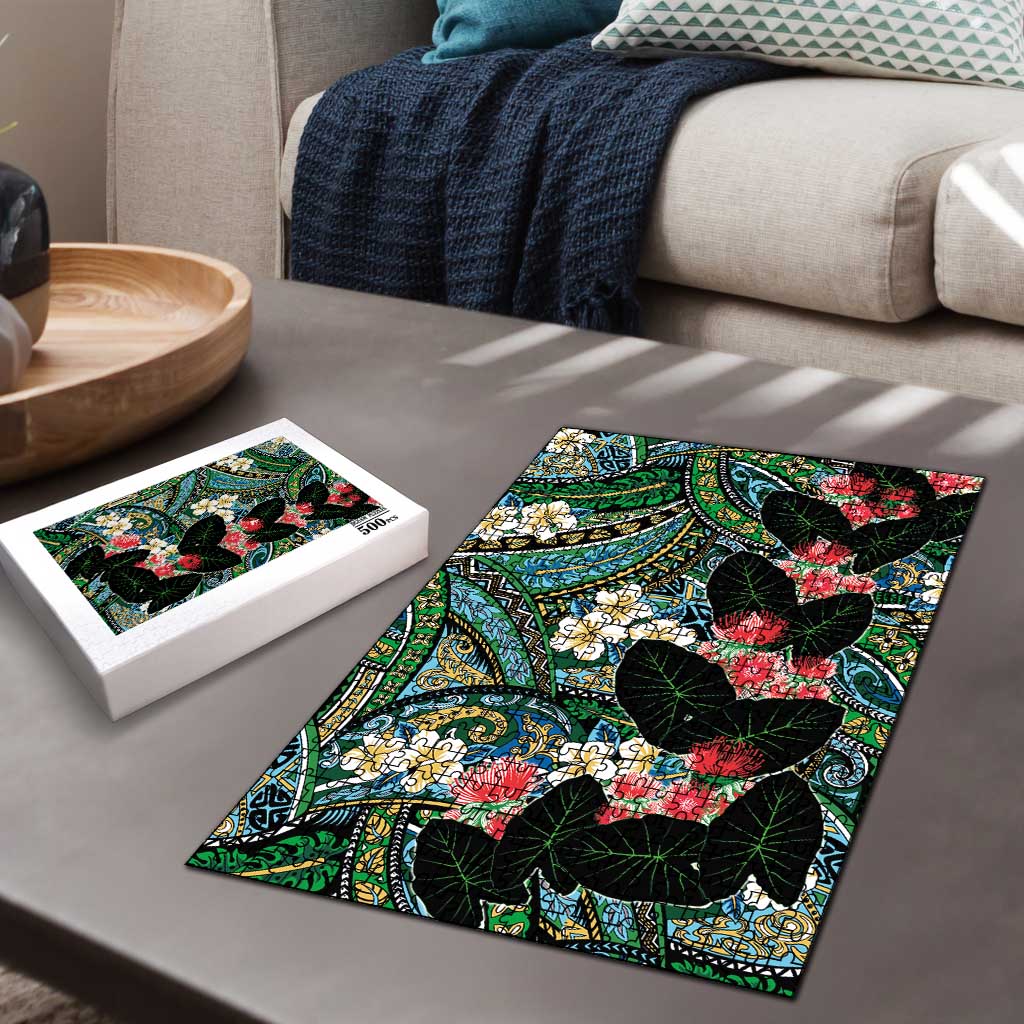 Hawaiian Taro Leaves and Ohia Lehua Puzzle Polynesian Tribal Art Tropical Plants Motifs Colorful