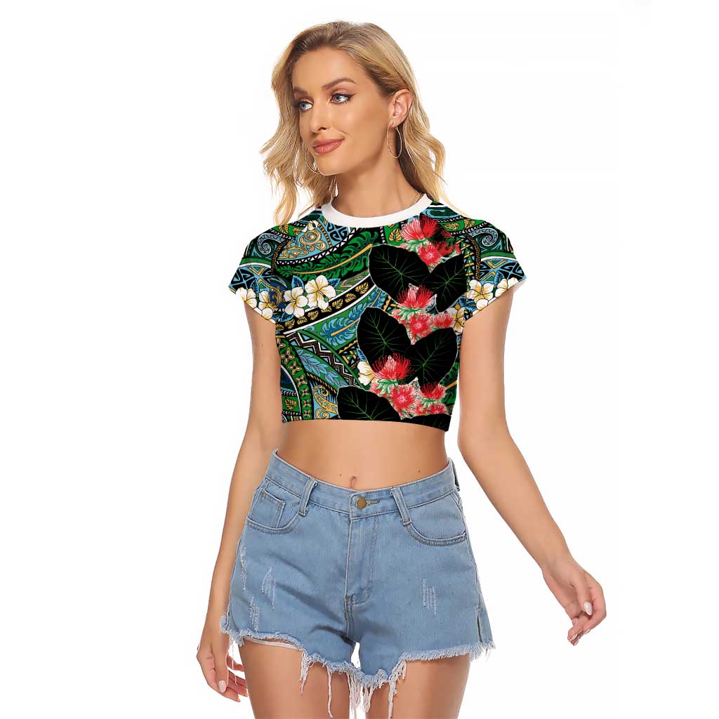 Hawaiian Taro Leaves and Ohia Lehua Raglan Cropped T Shirt Polynesian Tribal Art Tropical Plants Motifs Colorful