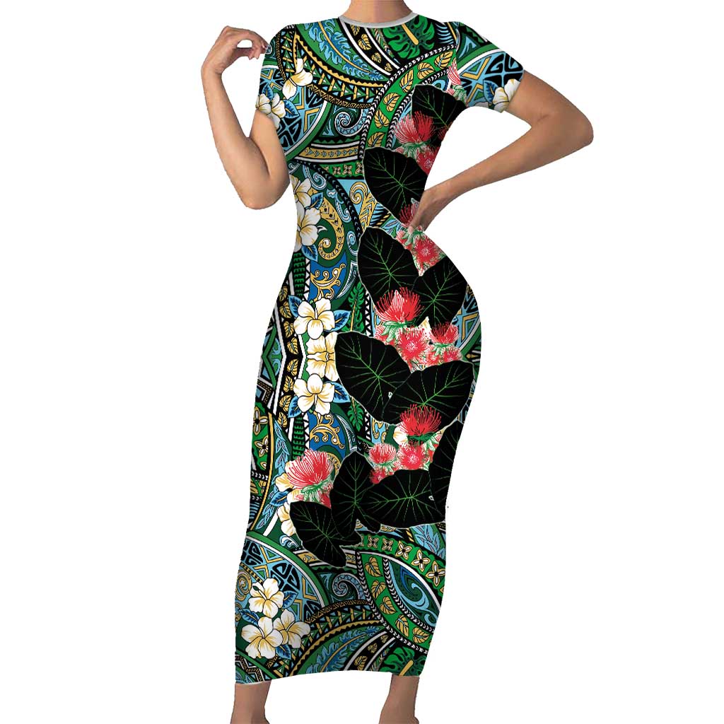 Hawaiian Taro Leaves and Ohia Lehua Short Sleeve Bodycon Dress Polynesian Tribal Art Tropical Plants Motifs Colorful