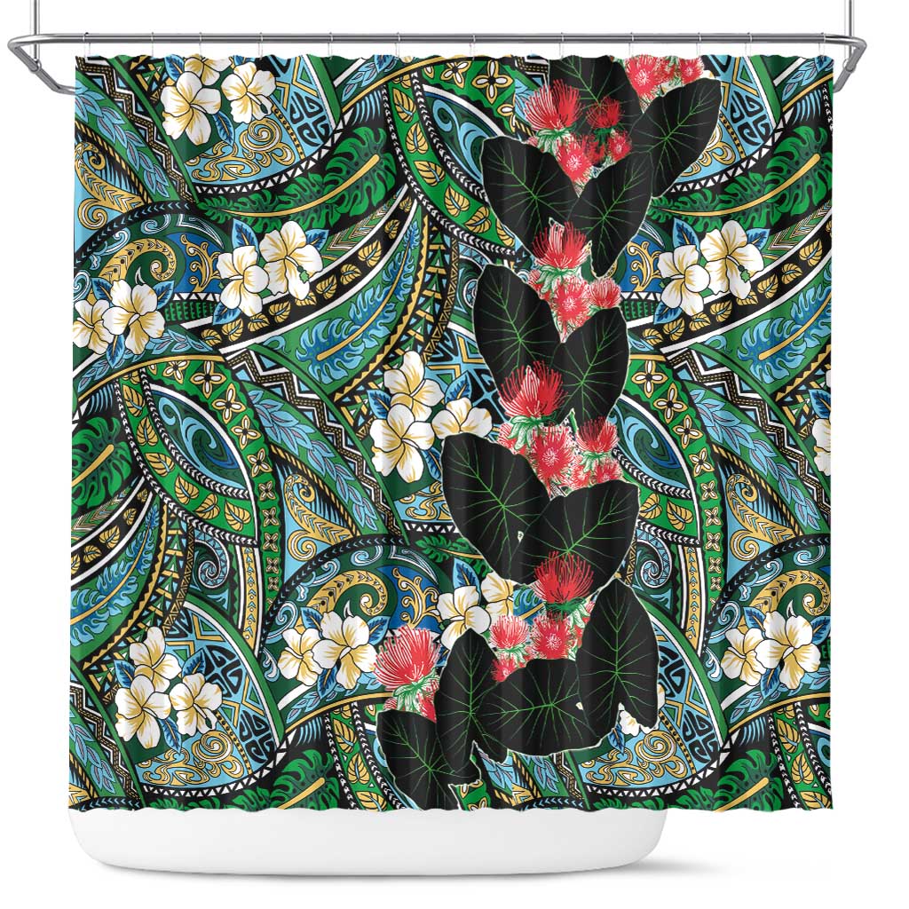 Hawaiian Taro Leaves and Ohia Lehua Shower Curtain Polynesian Tribal Art Tropical Plants Motifs Colorful