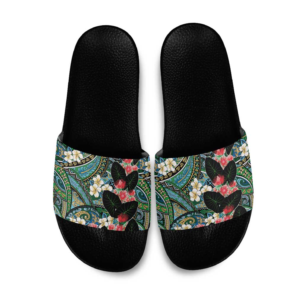 Hawaiian Taro Leaves and Ohia Lehua Slide Sandals Polynesian Tribal Art Tropical Plants Motifs Colorful