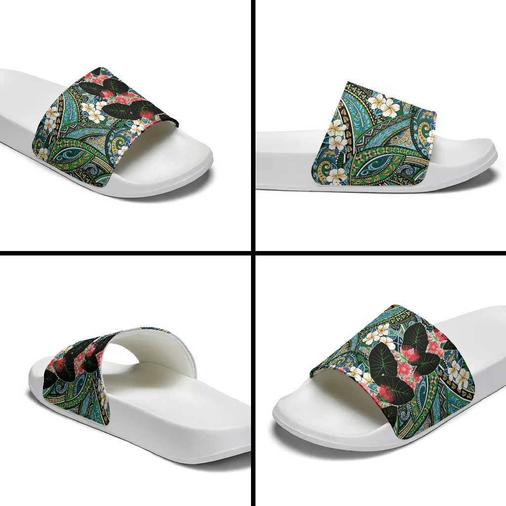 Hawaiian Taro Leaves and Ohia Lehua Slide Sandals Polynesian Tribal Art Tropical Plants Motifs Colorful