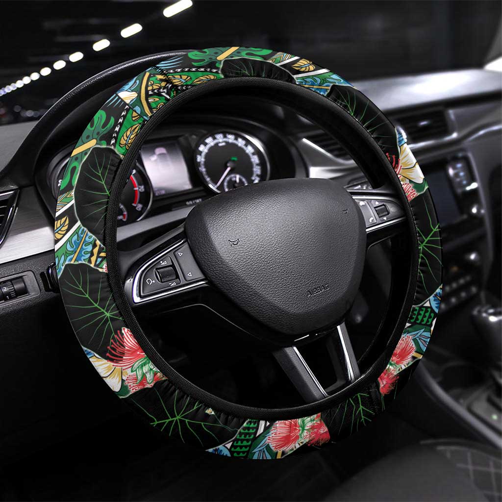 Hawaiian Taro Leaves and Ohia Lehua Steering Wheel Cover Polynesian Tribal Art Tropical Plants Motifs Colorful