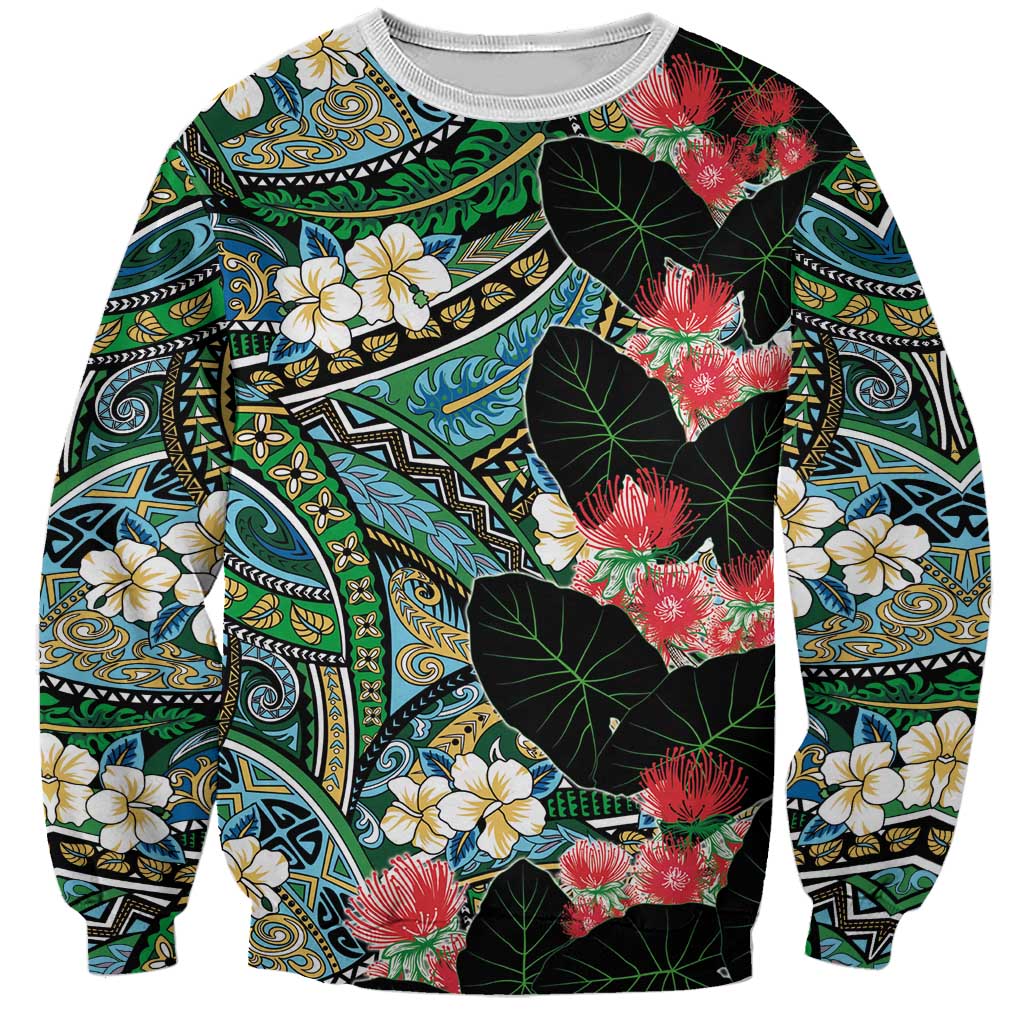 Hawaiian Taro Leaves and Ohia Lehua Sweatshirt Polynesian Tribal Art Tropical Plants Motifs Colorful