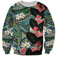 Hawaiian Taro Leaves and Ohia Lehua Sweatshirt Polynesian Tribal Art Tropical Plants Motifs Colorful
