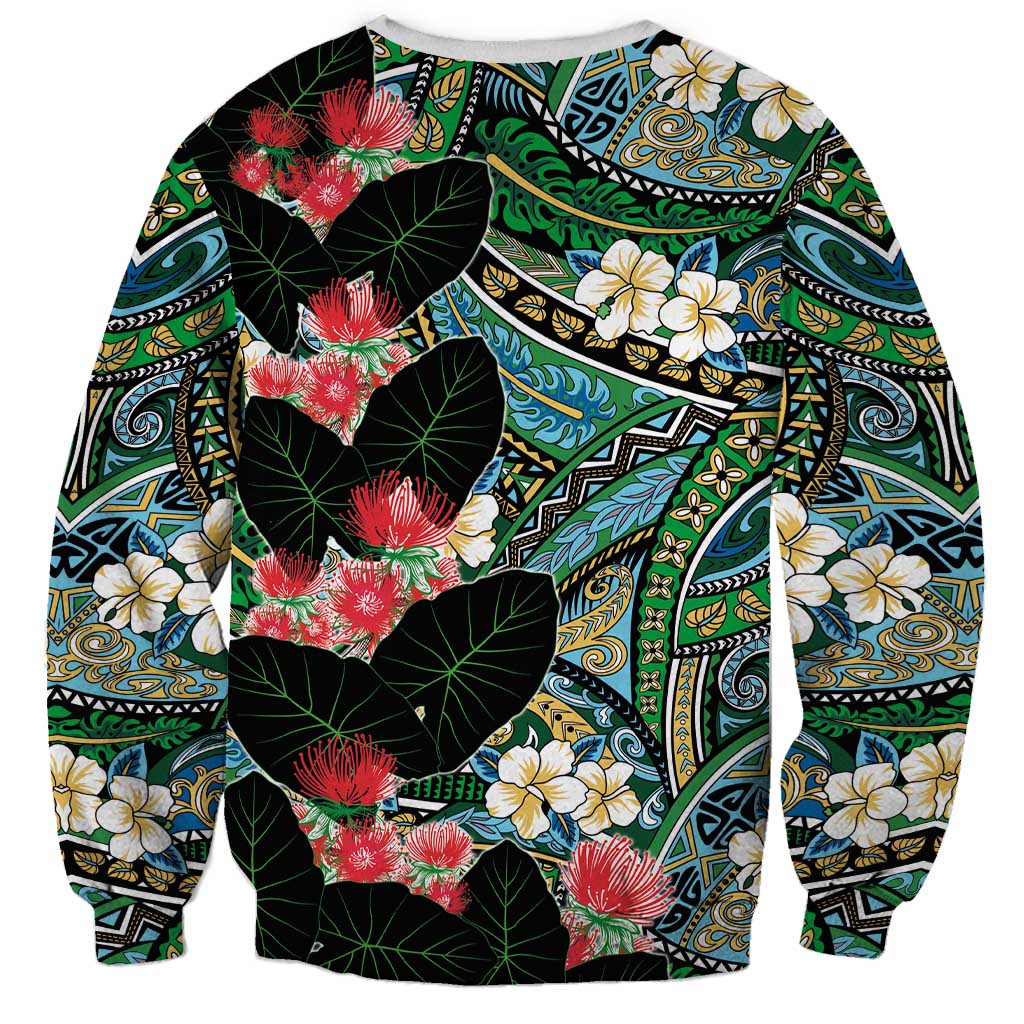 Hawaiian Taro Leaves and Ohia Lehua Sweatshirt Polynesian Tribal Art Tropical Plants Motifs Colorful