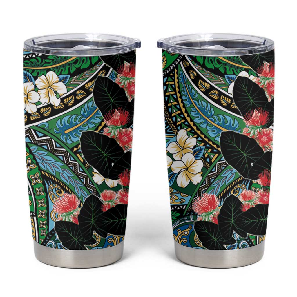 Hawaiian Taro Leaves and Ohia Lehua Tumbler Cup Polynesian Tribal Art Tropical Plants Motifs Colorful