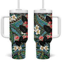 Hawaiian Taro Leaves and Ohia Lehua Tumbler With Handle Polynesian Tribal Art Tropical Plants Motifs Colorful