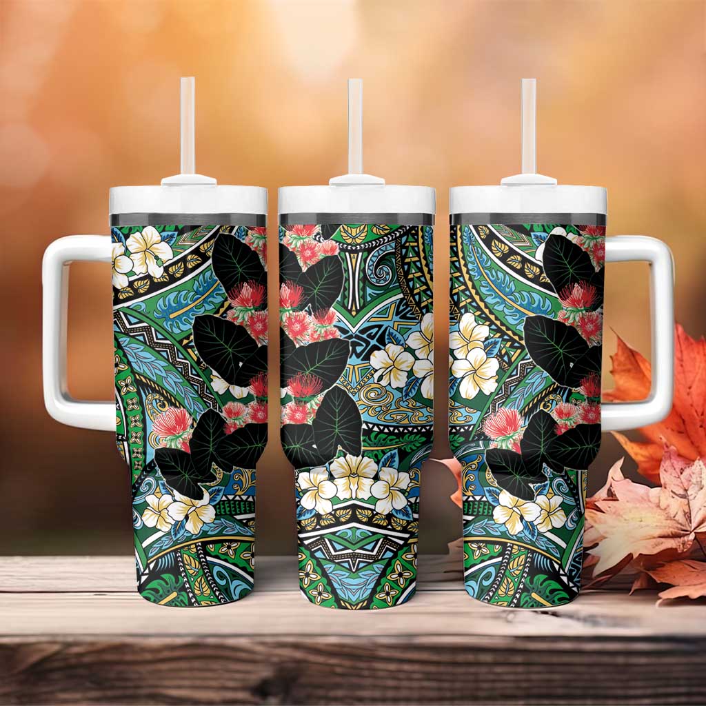 Hawaiian Taro Leaves and Ohia Lehua Tumbler With Handle Polynesian Tribal Art Tropical Plants Motifs Colorful