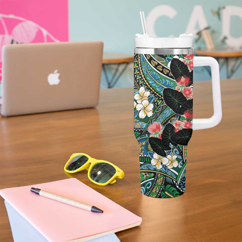 Hawaiian Taro Leaves and Ohia Lehua Tumbler With Handle Polynesian Tribal Art Tropical Plants Motifs Colorful