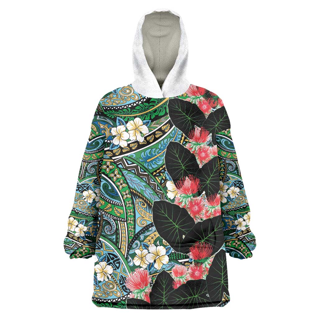 Hawaiian Taro Leaves and Ohia Lehua Wearable Blanket Hoodie Polynesian Tribal Art Tropical Plants Motifs Colorful