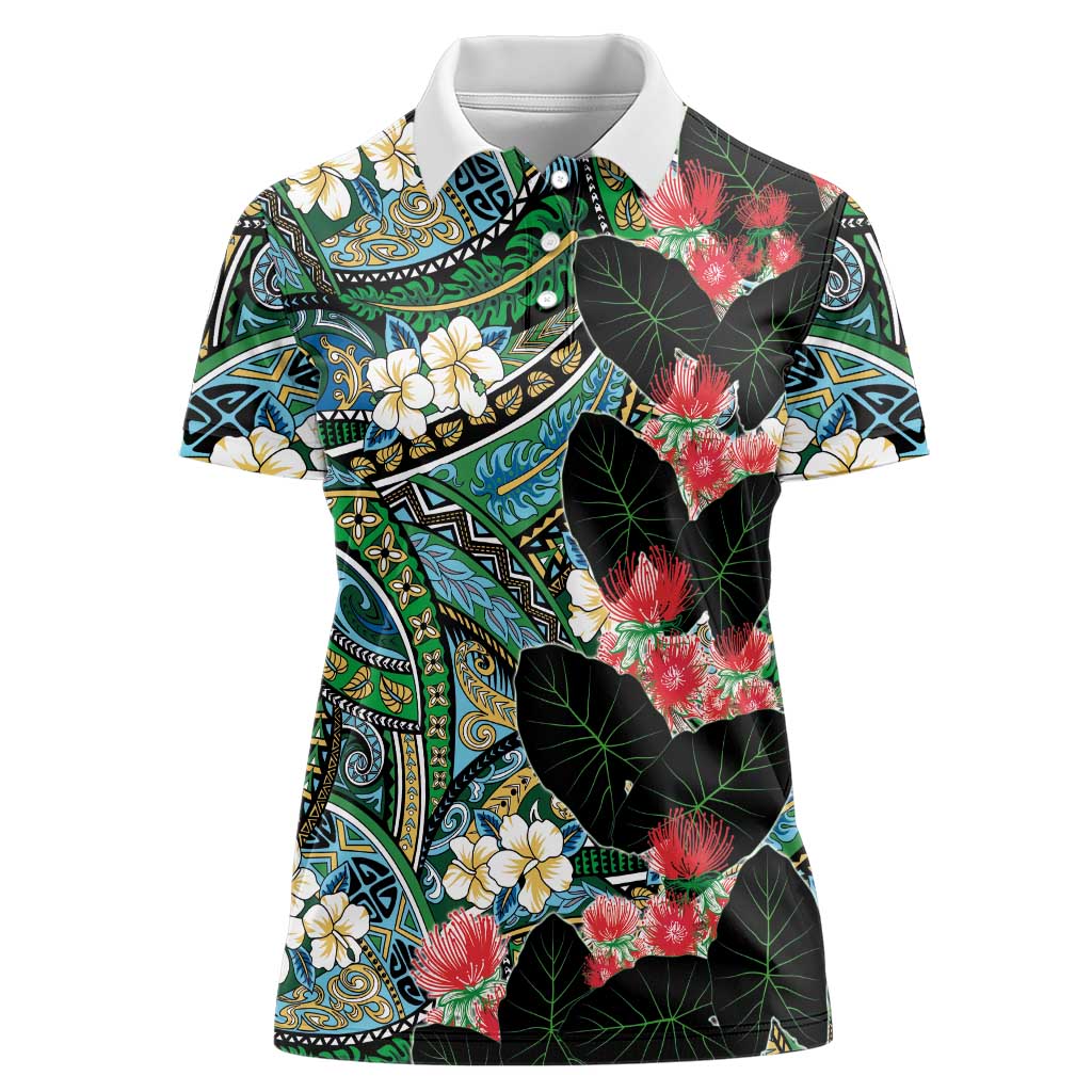 Hawaiian Taro Leaves and Ohia Lehua Women Polo Shirt Polynesian Tribal Art Tropical Plants Motifs Colorful LT03 Female Multicolor - Polynesian Pride