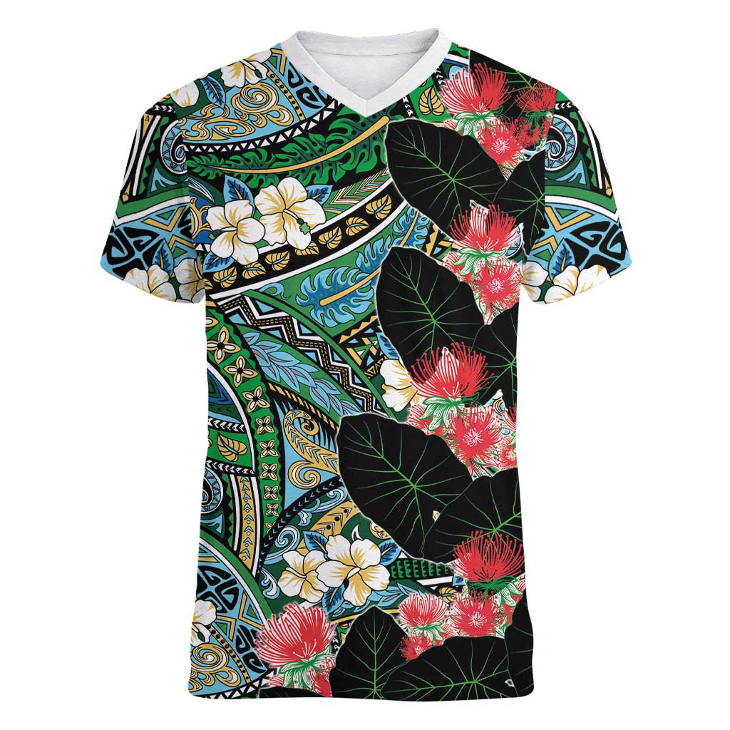 Hawaiian Taro Leaves and Ohia Lehua Women V-Neck T-Shirt Polynesian Tribal Art Tropical Plants Motifs Colorful