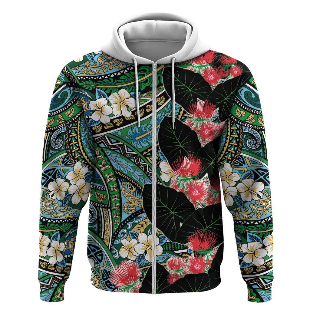 Hawaiian Taro Leaves and Ohia Lehua Zip Hoodie Polynesian Tribal Art Tropical Plants Motifs Colorful LT03 Zip Hoodie Multicolor - Polynesian Pride