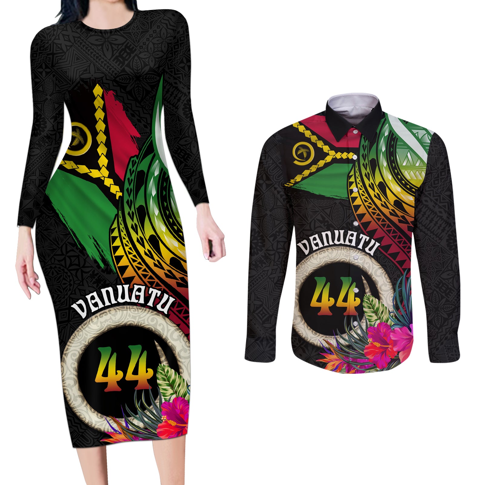Vanuatu 44th Anniversary Couples Matching Long Sleeve Bodycon Dress and Long Sleeve Button Shirt Boars Tusk Tugeta Yumi Selebretem Indipendens Dei